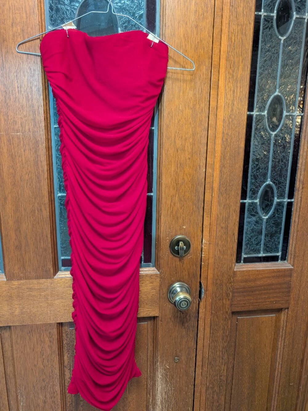 Womens red ruched bodycon dress, size Small